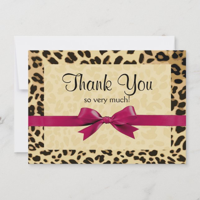 Leopard Print Bright Pink Bow Thank You Note Card (Front)