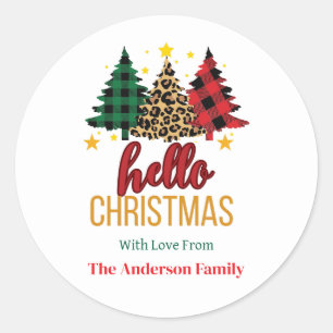 Leopard Print Buffalo Plaid Trees Hello Christmas Classic Round Sticker