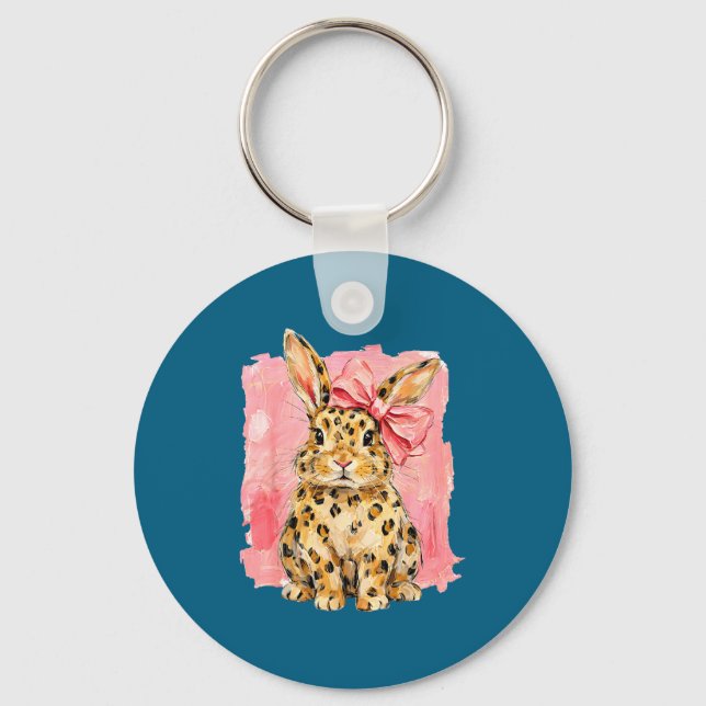 Leopard print bunny with pink bow cute spring key ring (Front)