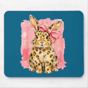 Leopard print bunny with pink bow cute spring mouse pad