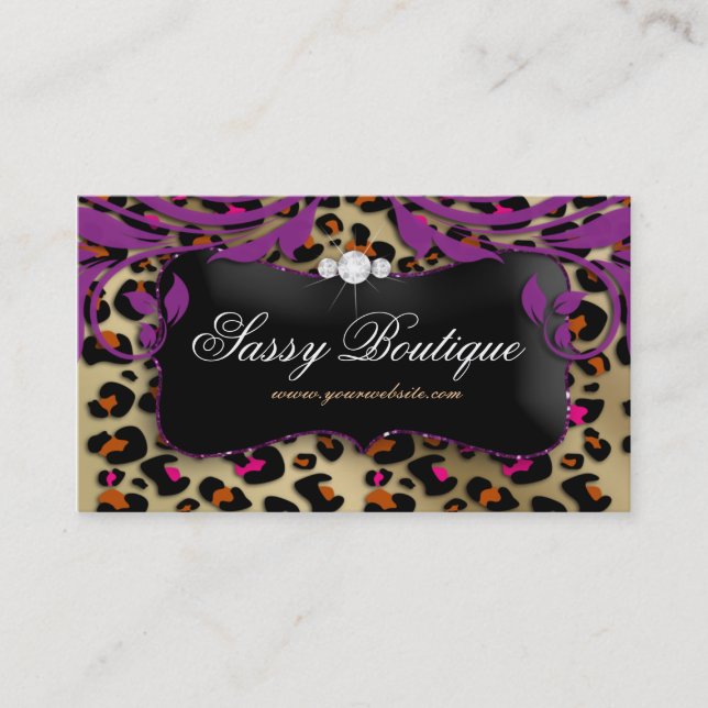 Leopard Print Business Card Purple Swirls (Front)