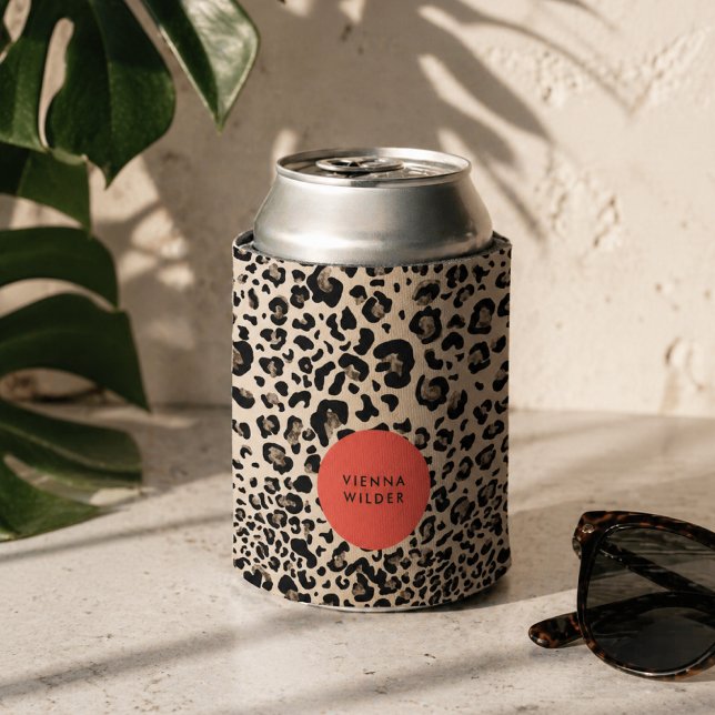 Leopard Print Can Cooler | Stylish Soda Coolers (A fashionable can cooler that blends bold animal print with a polished personalized touch.)