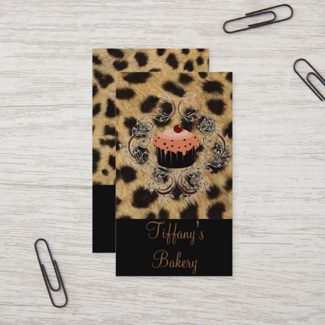 Leopard print Catering Pastry Chef Cupcake Bakery Business Card (Front/Back In Situ)