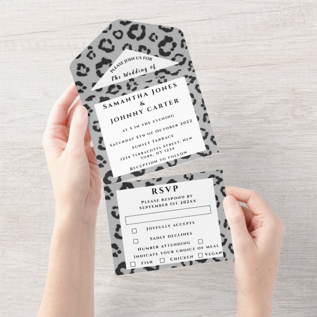 Leopard print Cheetah Grey Safari Animal Wedding  All In One Invitation (Tearaway)