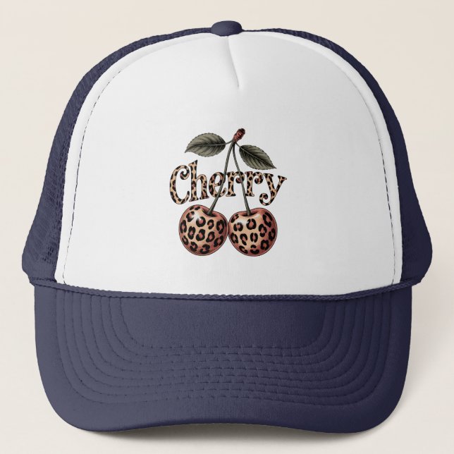 Leopard Print Cherry Illustration – Retro Fruit Trucker Hat (Front)