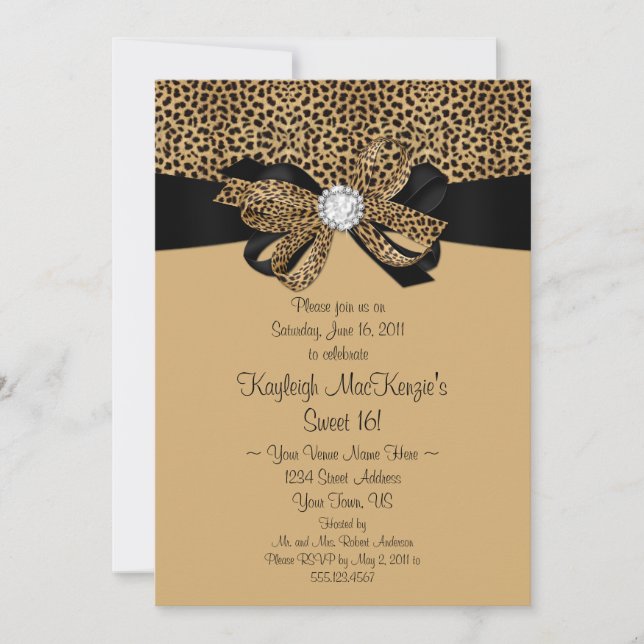 Leopard Print Clear Rhinestones Diamonds Sweet 16 Invitation (Front)