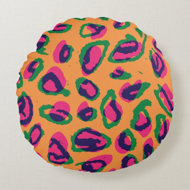 Leopard Print, Colourful Animal Pattern. Round Cushion (Front)
