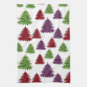 Leopard print colourful christmas trees tea towel