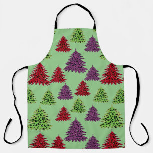 Leopard Print Colourful Merry Christmas Trees Apron