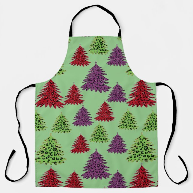 Leopard Print Colourful Merry Christmas Trees  Apron (Front)