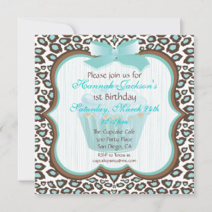 leopard print cupcake teal birthday party invites