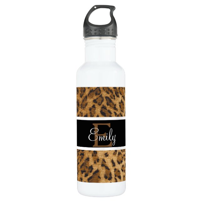 Leopard Print E monogram initials Water Bottle (Front)