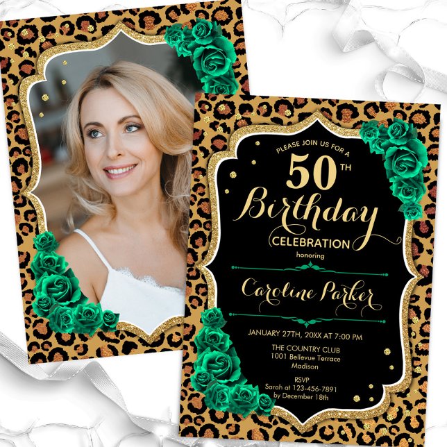 Leopard Print Emerald Green Photo 50th Birthday Invitation (Creator Uploaded)
