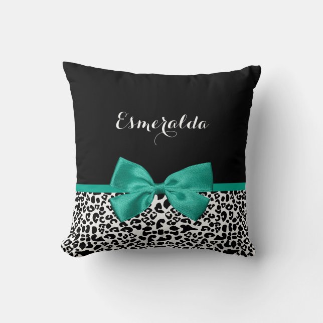 Leopard Print Emerald Green Ribbon Bow Chic Name Cushion (Front)