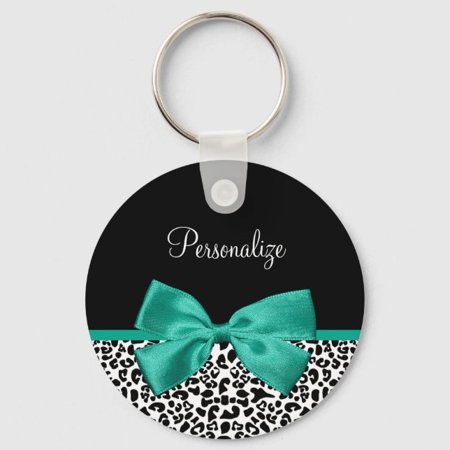 Leopard Print Emerald Green Ribbon Bow Chic Name Key Ring (Front)