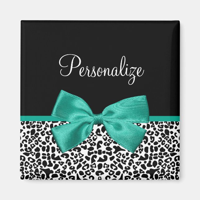 Leopard Print Emerald Green Ribbon Bow Chic Name Magnet (Front)