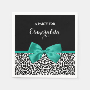 Leopard Print Emerald Green Ribbon Bow Chic Name Napkin