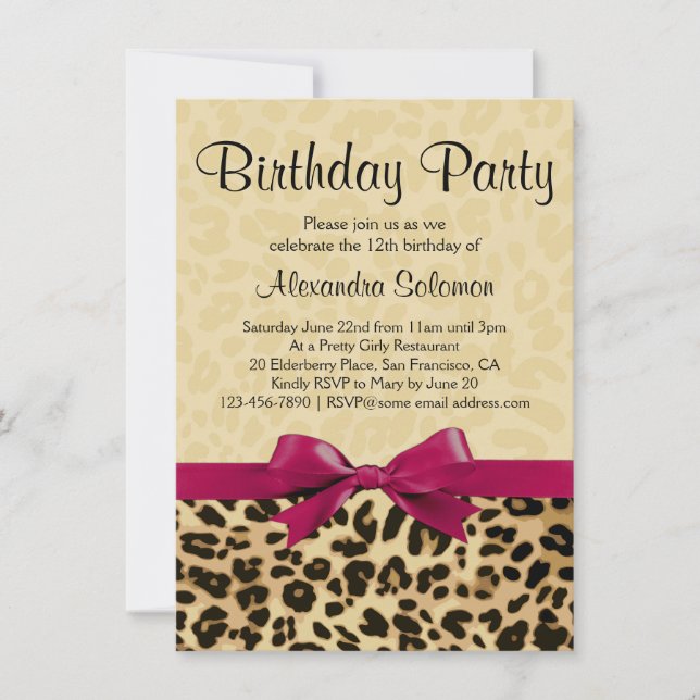 Leopard Print Fuchsia Pink Bow Girl Birthday Party Invitation (Front)