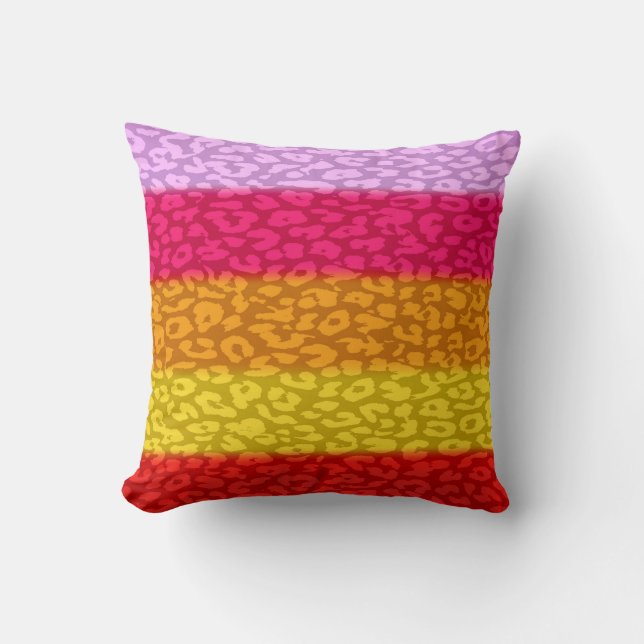 Leopard print fur with colours stripes cushion (Front)
