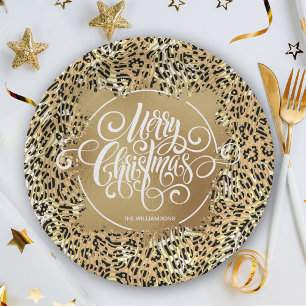 Leopard Print Gold Faux Foil Merry Christmas Paper Plate