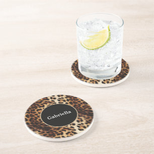 Leopard Print Gold Glitter Sparkle Frame Coaster