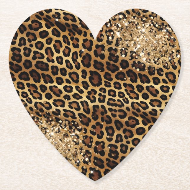 Leopard Print Gold Glitzy Sparkle Glitter  Paper Coaster (Front)