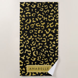 Leopard Print, Gold Leopard, Glitter, Your Name Beach Towel