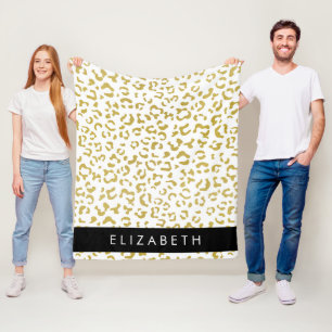 Leopard Print, Gold Leopard, Glitter, Your Name Fleece Blanket