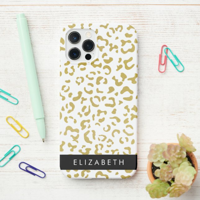 Leopard Print, Gold Leopard, Glitter, Your Name iPhone Case (On Desk)