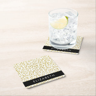 Leopard Print, Gold Leopard, Glitter, Your Name Square Paper Coaster