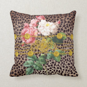 Leopard Print Gold Lion Emblem Chain Rose Floral Cushion