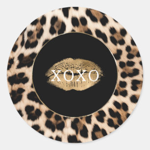 Leopard Print Gold Lips XOXO Classic Round Sticker
