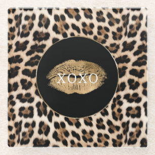 Leopard Print Gold Lips XOXO Glass Coaster