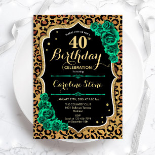 Leopard Print Green Roses 40th Birthday Invitation