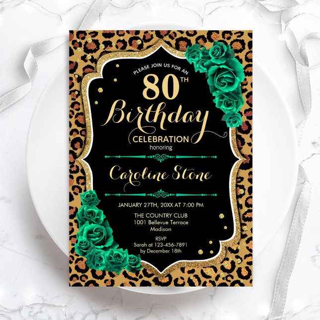 Leopard Print Green Roses 80th Birthday Invitation (Creator Uploaded)
