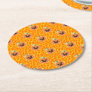 Leopard print Halloween pattern Round Paper Coaster