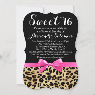 Leopard Print Hot Pink Bow Sweet 16th Birthday Invitation