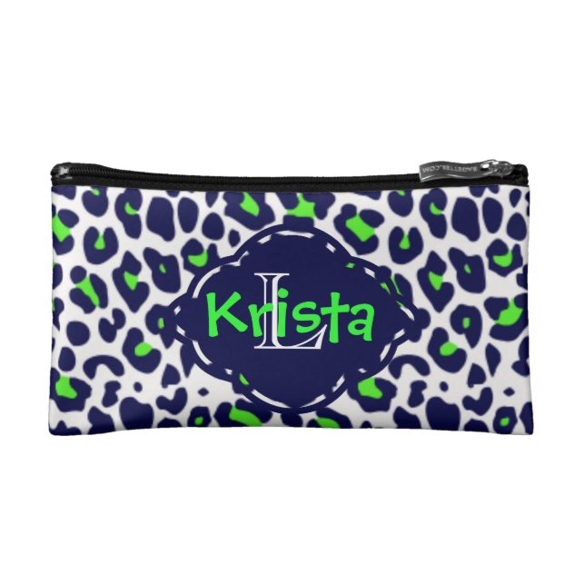 Leopard Print in Lime Green & Navy w/Monogram Makeup Bag (Front)