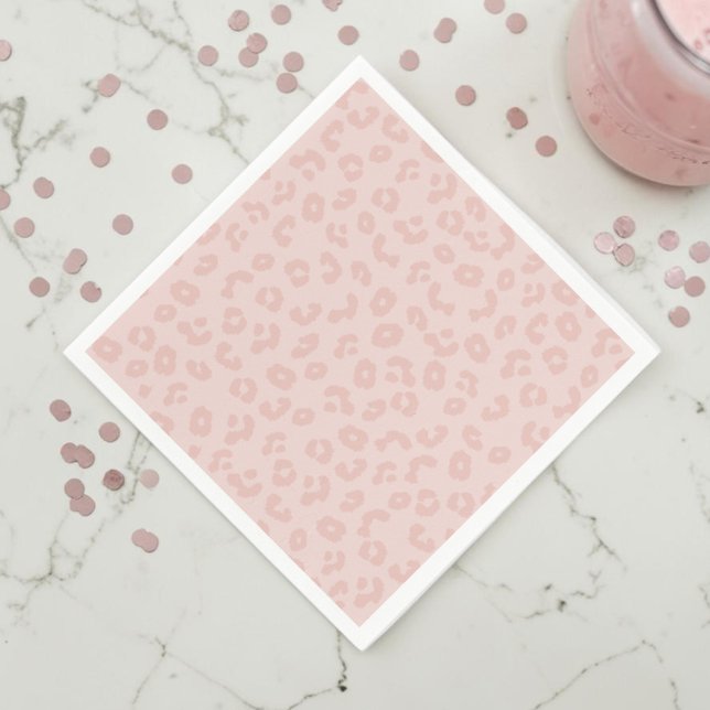 Leopard Print in Pink Napkin (A pink leopard print napkin on a white marble countertop with muted pink confetti and a pink drink.)