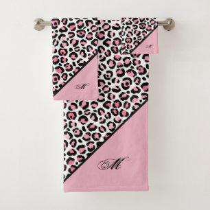 Leopard Print in Pink White & Black with Monogram Bath Towel Set
