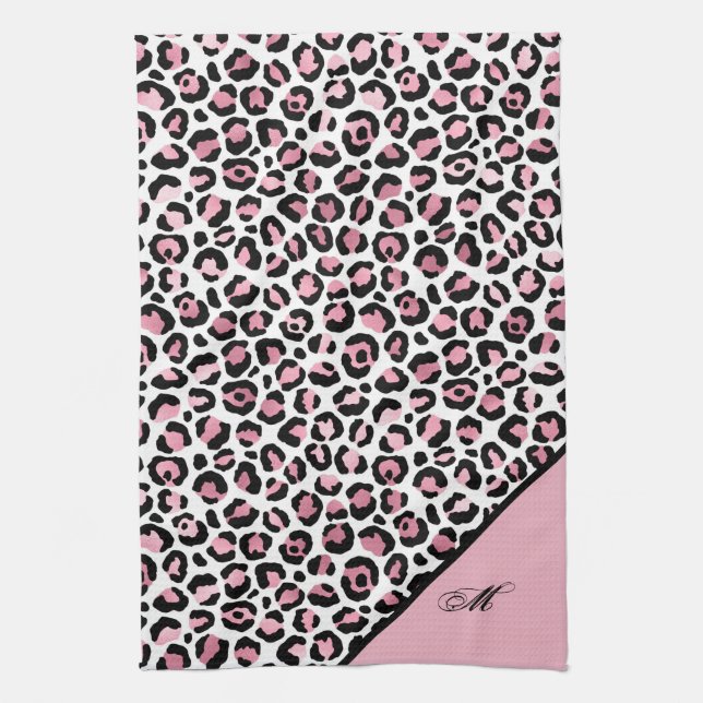 Leopard Print in Pink White & Black with Monogram Tea Towel (Vertical)