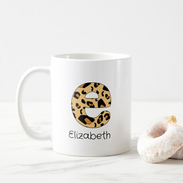 Leopard Print Initial e Lowercase and Name Coffee Mug (With Donut)
