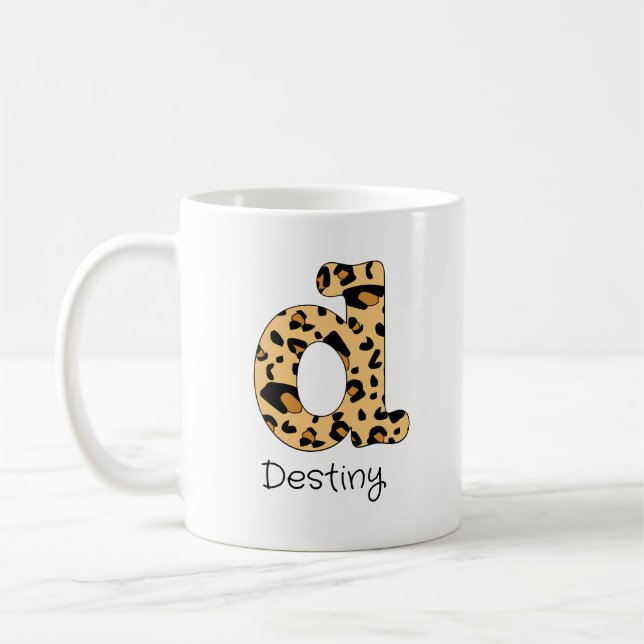 Leopard Print Initial Lowercase d and Name Coffee Mug (Left)