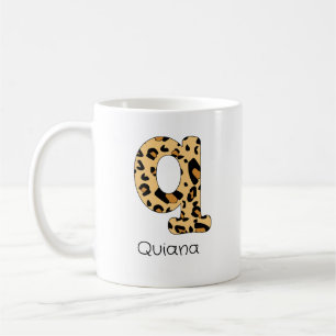 Leopard Print Initial Lowercase q and Name Coffee Mug