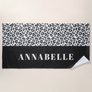 Leopard print initial typography blue modern beach towel