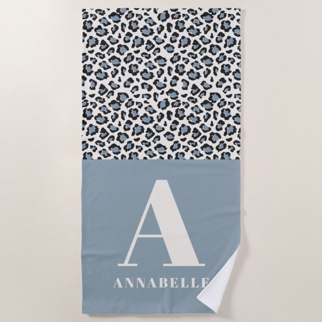 Leopard print initial typography blue modern beach towel (Front)