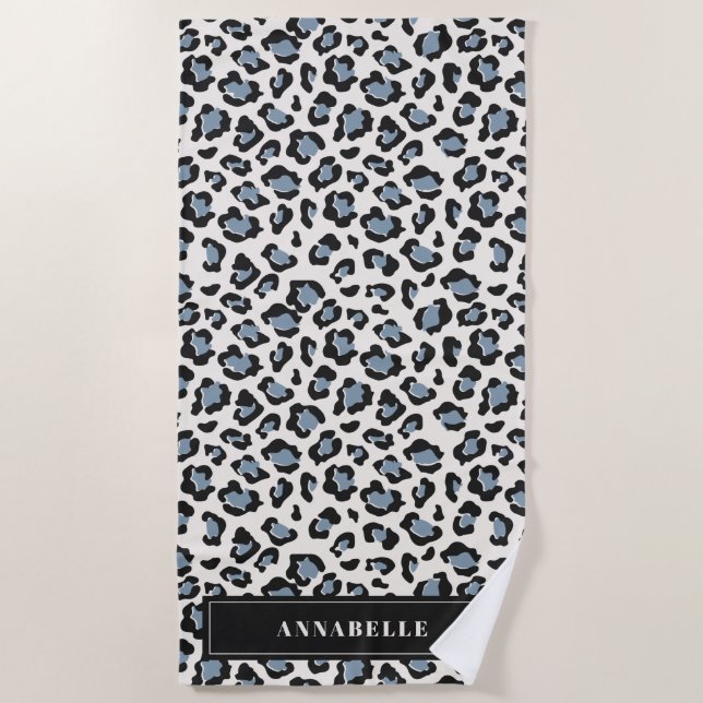 Leopard print initial typography blue modern beach towel (Front)