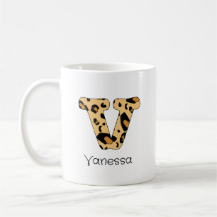 Leopard Print Initial v Lowercase and Name Coffee Mug