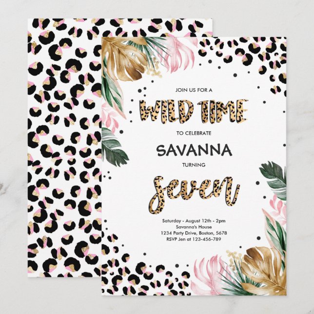 Leopard Print Jungle Safari 7th Birthday Party Invitation (Front/Back)