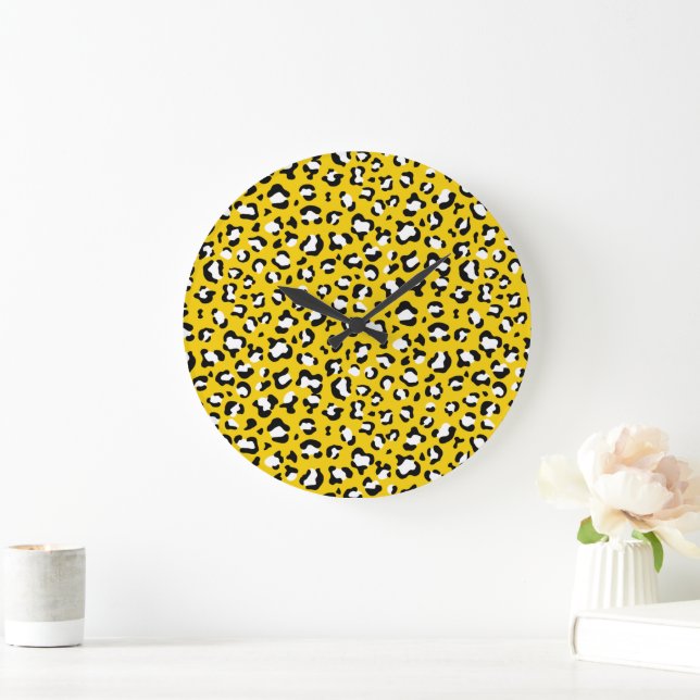 Leopard Print, Leopard Spots, Yellow Leopard Large Clock (Home)